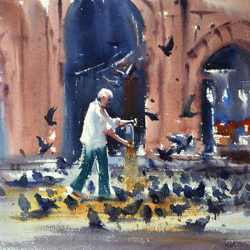 Painting titled "pigeon-feeding-moja…" by Kishore Singh, Original Artwork, Watercolor