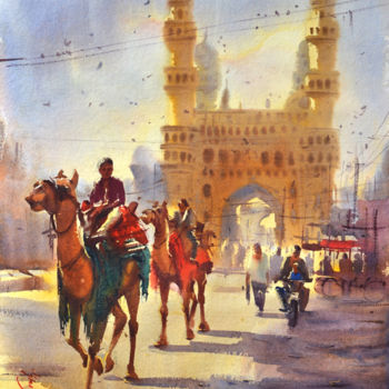Painting titled "camel near the Char…" by Kishore Singh, Original Artwork, Watercolor