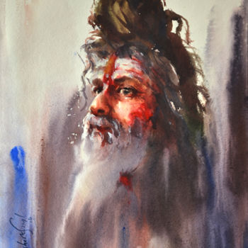 Картина под названием "sadhus-holy-men-of-…" - Kishore Singh, Подлинное произведение искусства, Акварель