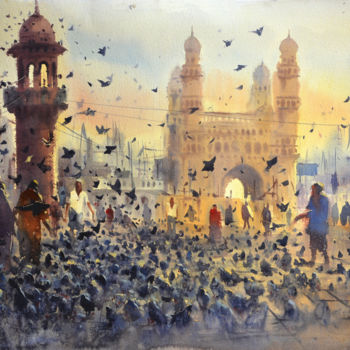 Картина под названием "feeding pigeons." - Kishore Singh, Подлинное произведение искусства, Акварель