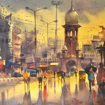 Painting titled "mozamjahi-market-re…" by Kishore Singh, Original Artwork, Watercolor