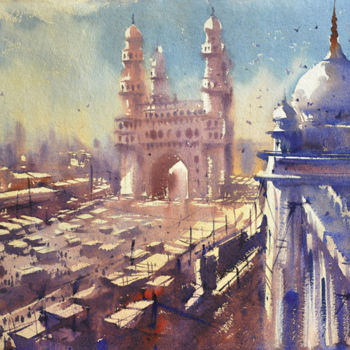Painting titled "charminar-from-a-mo…" by Kishore Singh, Original Artwork, Watercolor