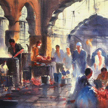 Pintura titulada "chicken-market.jpg" por Kishore Singh, Obra de arte original