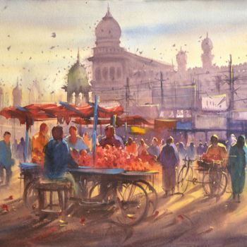 Schilderij getiteld "a hot summer mornin…" door Kishore Singh, Origineel Kunstwerk, Aquarel
