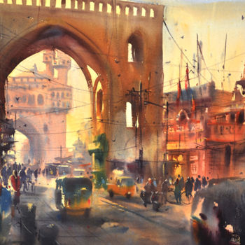 Peinture intitulée "Hyderabad_city-gate…" par Kishore Singh, Œuvre d'art originale, Aquarelle