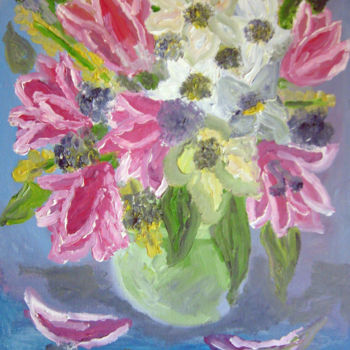 Painting titled "Tulips in a vase" by Natalia Kislitsa, Original Artwork, Oil