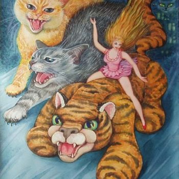 Painting titled "Barbie and Cats" by Svetlana Kislyachenko, Original Artwork, Watercolor Mounted on Cardboard