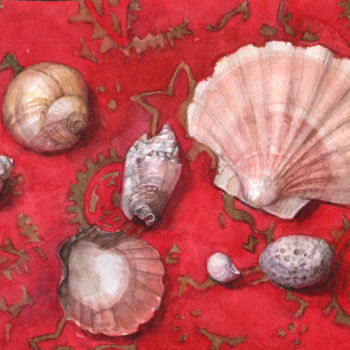 Painting titled "sea shells on red" by Aleksandra Strelnikova, Original Artwork, Watercolor