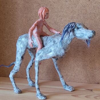 Sculpture titled "Chien bleu" by Karine Krynicki, Original Artwork, Paper maché