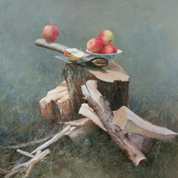 Картина под названием "Топор и яблоки." - Юрий Клапоух, Подлинное произведение искусства, Масло