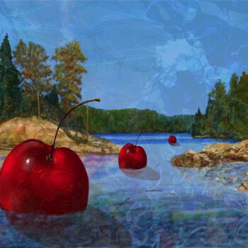 Digital Arts titled "cherry lake" by Klaus Grumbach, Original Artwork, Digital Painting Mounted on Wood Stretcher frame