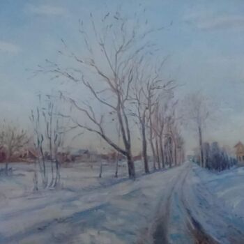 Painting titled "Winter view in utena" by Christina Lao, Original Artwork, Oil Mounted on Wood Stretcher frame