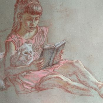 Zeichnungen mit dem Titel "A girl with a toy c…" von Klybartgallery, Original-Kunstwerk, Pastell
