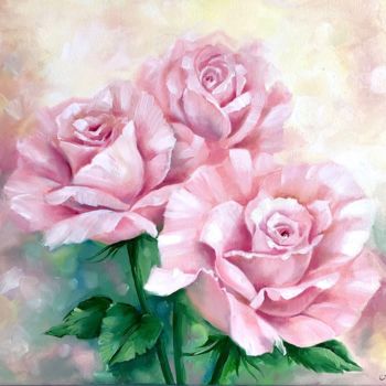 Painting titled "Pink Roses" by Anzo, Original Artwork, Oil Mounted on Wood Stretcher frame