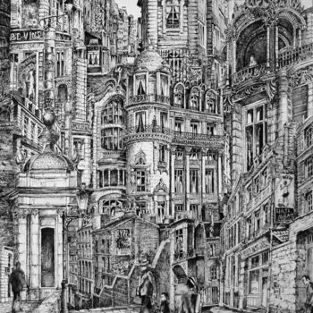Drawing titled "urbanite 2" by Koen De Weerdt, Original Artwork, Ink Mounted on Other rigid panel