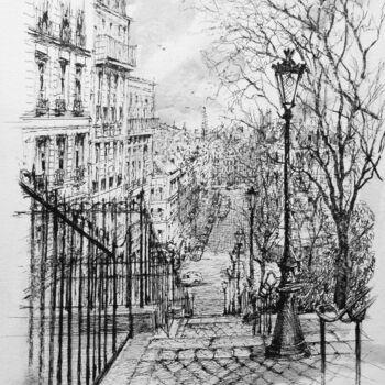 Disegno intitolato "Paris Montmartre 1" da Koen De Weerdt, Opera d'arte originale, Inchiostro Montato su Altro pannello rigi…