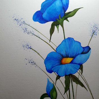 Картина под названием "flores azules" - Irene Pestana Eliche, Подлинное произведение искусства, Акварель