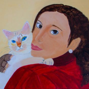 Painting titled "Girl with cat" by Paz, Original Artwork, Acrylic Mounted on Wood Stretcher frame