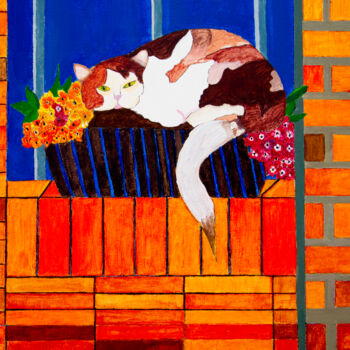 Peinture intitulée "Cat on flower pot"" par Paz, Œuvre d'art originale, Acrylique