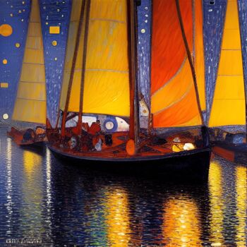 Painting titled "Sail boats in port" by Kolective Art, Original Artwork, Oil