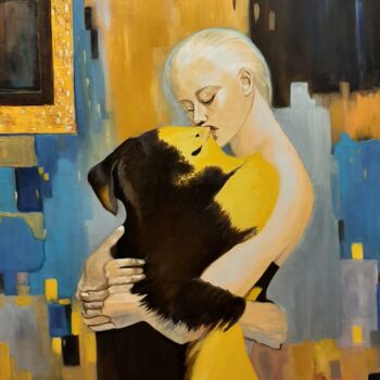 Pittura intitolato "Hugging my dog" da Kolective Art, Opera d'arte originale, Olio
