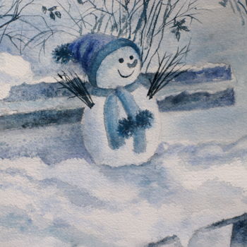 「Snowman on the bench」というタイトルの絵画 Allaによって, オリジナルのアートワーク, 水彩画