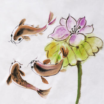 Drawing titled "fish and lotus" by Alla, Original Artwork, Ink