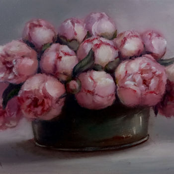 Schilderij getiteld "Bouquet with pink p…" door Liliya Kolyadova, Origineel Kunstwerk, Olie Gemonteerd op Frame voor houten…