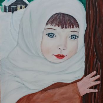 Painting titled "Girl and winter hou…" by Angela Antonova, Original Artwork, Acrylic