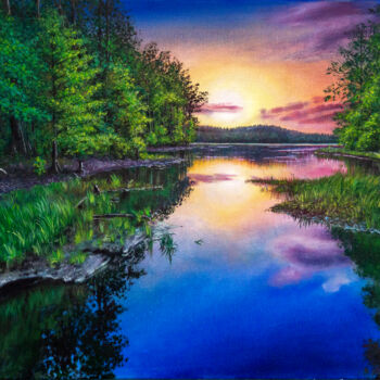 Картина под названием "Закат на озере" - Nadezhda Knyazeva, Подлинное произведение искусства, Масло
