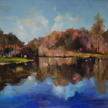 Painting titled "Opposite Waterside" by Zhanna Kondratenko, Original Artwork, Oil Mounted on Wood Stretcher frame