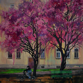 Peinture intitulée "Blossoming. Cyclist" par Zhanna Kondratenko, Œuvre d'art originale, Huile Monté sur Châssis en bois