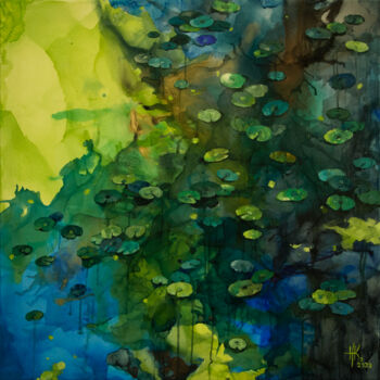 제목이 "Lily pond. Glimmeri…"인 미술작품 Zhanna Kondratenko로, 원작, 잉크 나무 들것 프레임에 장착됨