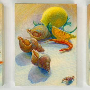Painting titled "Citrons & Coquillag…" by Konoko, Original Artwork, Oil Mounted on Wood Panel