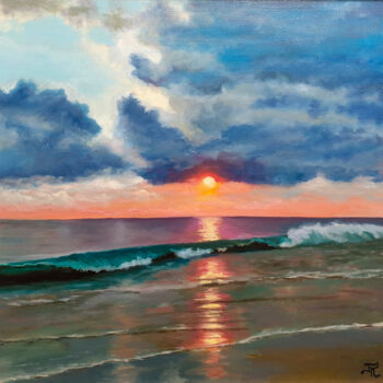 Painting titled "Sea sunset" by Konstantin Gusev, Original Artwork, Oil Mounted on Wood Stretcher frame