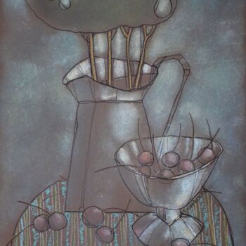 Painting titled "натюрморт с вишней" by Konstantin Konevskikh, Original Artwork, Pastel Mounted on Cardboard