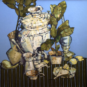 Dessin intitulée "Натюрморт с самовар…" par Konstantin Konevskikh, Œuvre d'art originale, Huile Monté sur Châssis en bois