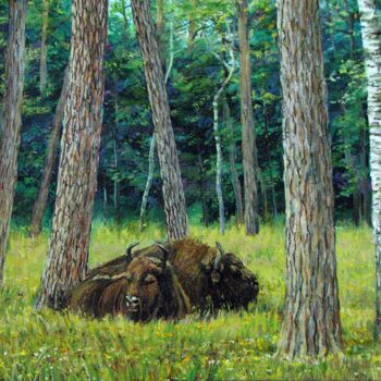 Malerei mit dem Titel "Зубры в лесу" von Konstantin Sidorovic, Original-Kunstwerk, Öl Auf Keilrahmen aus Holz montiert