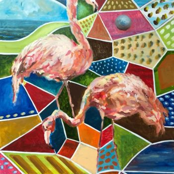 Painting titled "Flamingos in the ab…" by Mamuka Morgoshia, Original Artwork, Oil