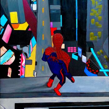 Painting titled "Spider-Man in the C…" by Evangelina, Original Artwork, Acrylic Mounted on Wood Stretcher frame