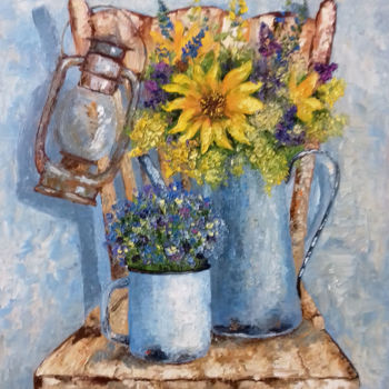 Картина под названием "Садовый букет с лам…" - Svetlana Konstantinova, Подлинное произведение искусства, Масло