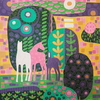 Картина под названием "Лошадки в цветущем…" - Svetlana Konstantinova, Подлинное произведение искусства, Акрил