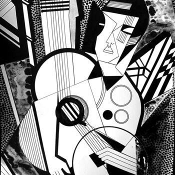 Drawing titled "The Guitarist II" by Koola Adams, Original Artwork, Ink