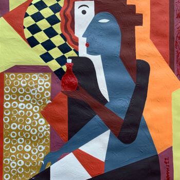Schilderij getiteld "Woman with Bottle" door Koola Adams, Origineel Kunstwerk, Acryl
