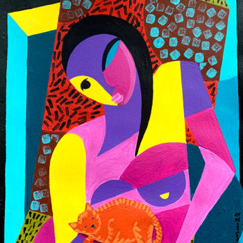 Pintura intitulada "Woman with Cat" por Koola Adams, Obras de arte originais, Acrílico