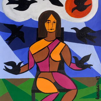 Peinture intitulée "Woman with Black Bi…" par Koola Adams, Œuvre d'art originale, Acrylique