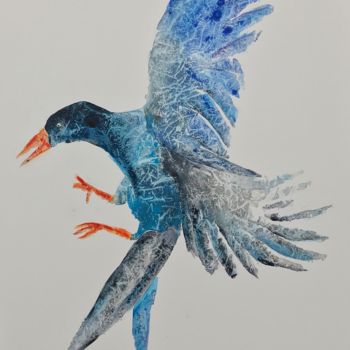 Schilderij getiteld "Oiseau bleu" door Kootchi, Origineel Kunstwerk, Acryl Gemonteerd op Frame voor houten brancard