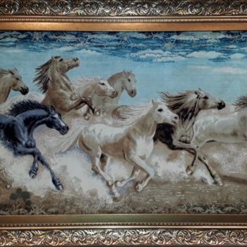 Textile Art titled "Running Horses" by Korhan, Original Artwork, Tapestry