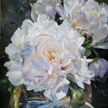 Painting titled "Peonies in a blue v…" by Elena Kozlova, Original Artwork, Oil