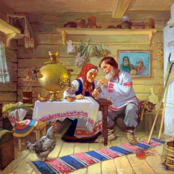 Painting titled "Курочка "Ряба" (Рус…" by Stanislav Martinovich, Original Artwork, Acrylic